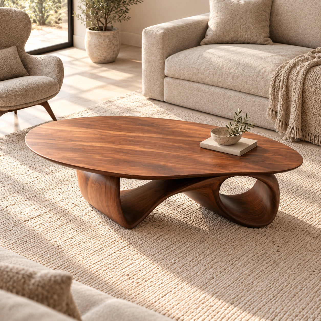 Oval Coffee Table with Sculptural Ribbon Base in Natural Solid Wood - Woodenecho - 4