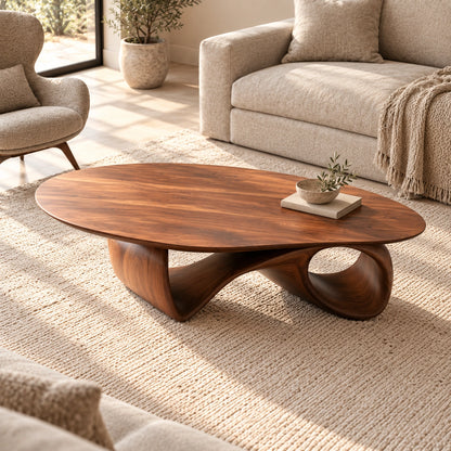 Oval Coffee Table with Sculptural Ribbon Base in Natural Solid Wood - Woodenecho - 4