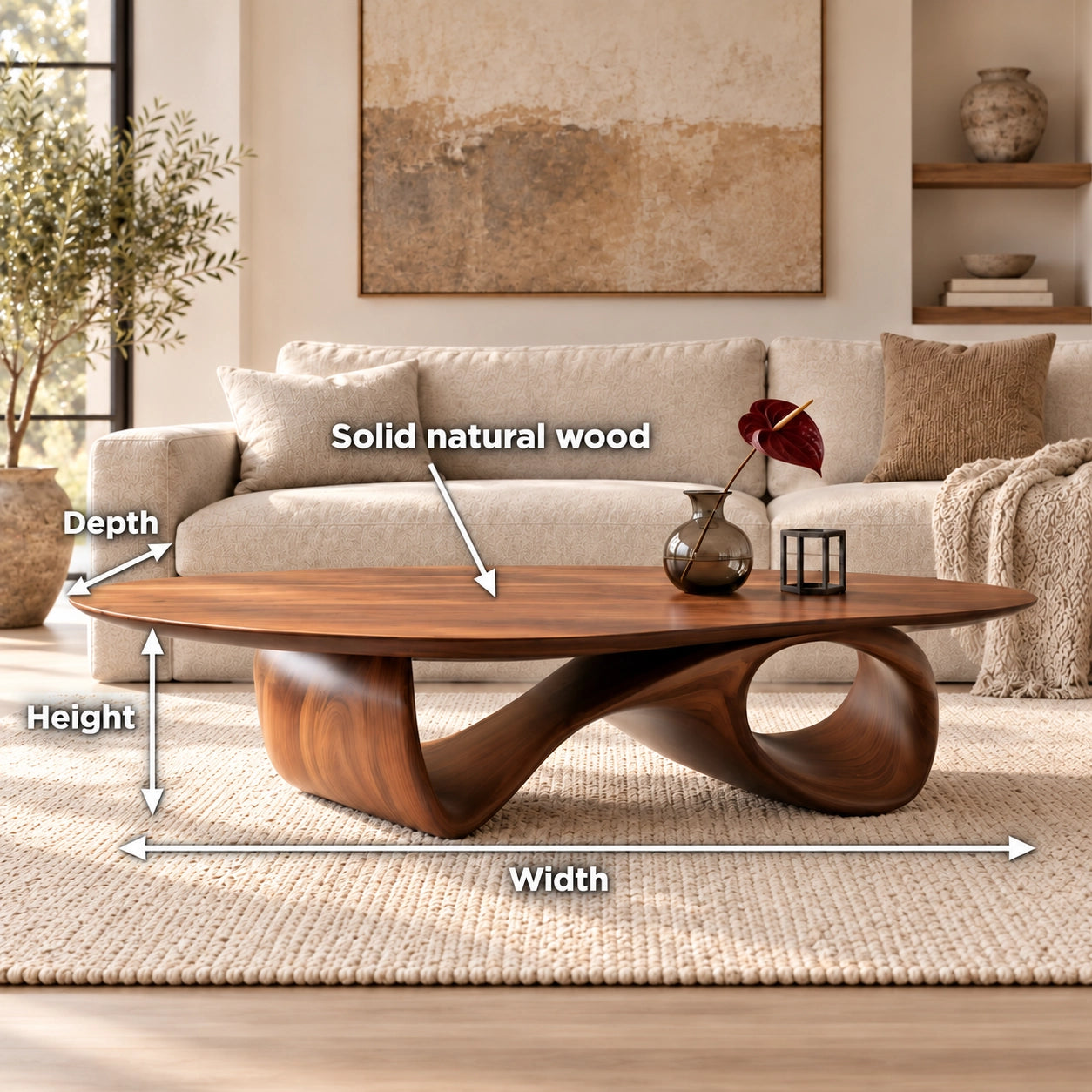 Oval Coffee Table with Sculptural Ribbon Base in Natural Solid Wood - Woodenecho - 5