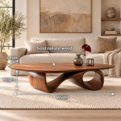 Oval Coffee Table with Sculptural Ribbon Base in Natural Solid Wood - Woodenecho - 5