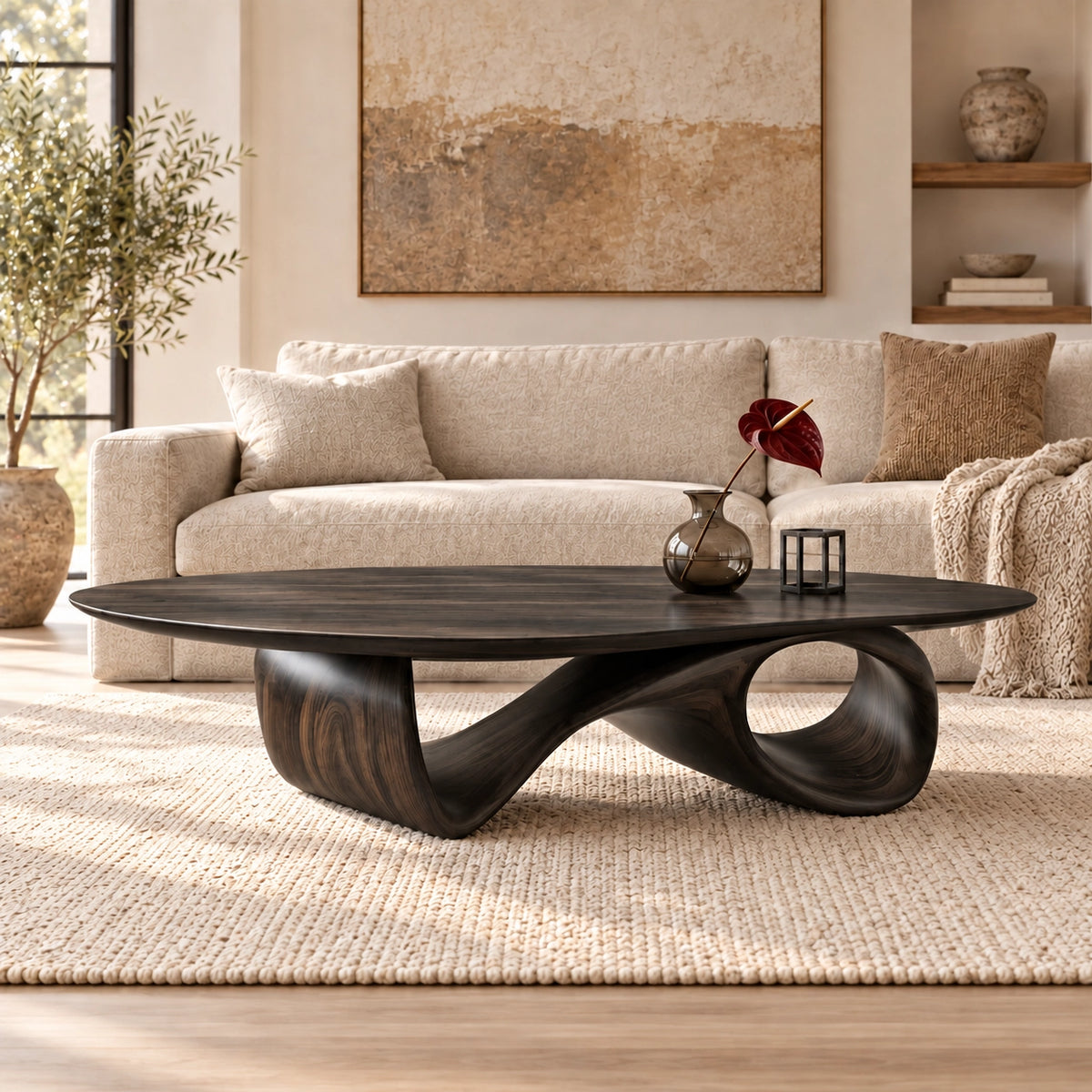 Oval Coffee Table with Sculptural Ribbon Base in Natural Solid Wood - Woodenecho - 6