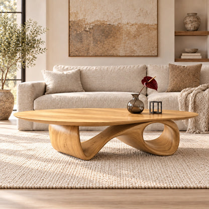 Oval Coffee Table with Sculptural Ribbon Base in Natural Solid Wood - Woodenecho - 7