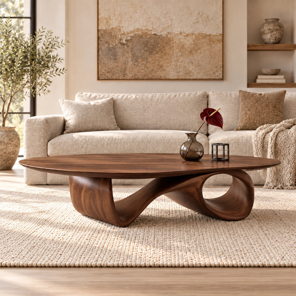 Oval Coffee Table with Sculptural Ribbon Base in Natural Solid Wood - Woodenecho - 8