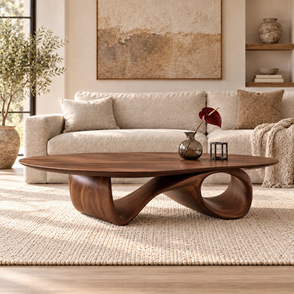 Oval Coffee Table with Sculptural Ribbon Base in Natural Solid Wood - Woodenecho - 8