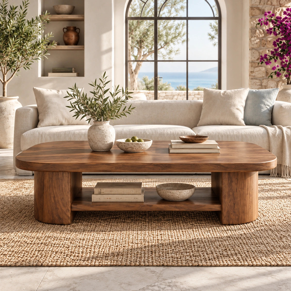 Rounded Coffee Table with Open Shelf Storage in Natural Solid Wood - Woodenecho - 2