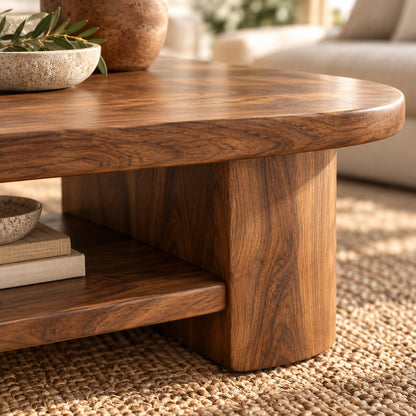 Rounded Coffee Table with Open Shelf Storage in Natural Solid Wood - Woodenecho - 3