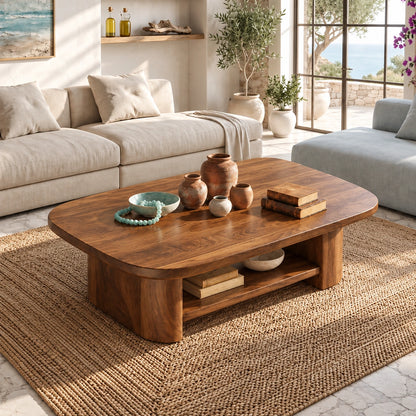Rounded Coffee Table with Open Shelf Storage in Natural Solid Wood - Woodenecho - 4