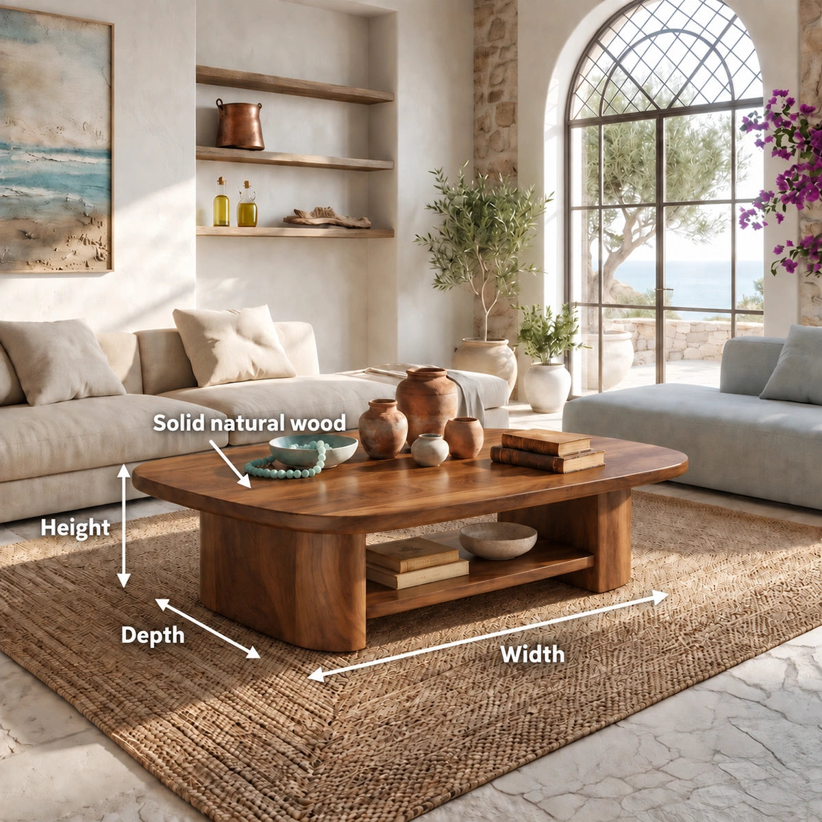 Rounded Coffee Table with Open Shelf Storage in Natural Solid Wood - Woodenecho - 5