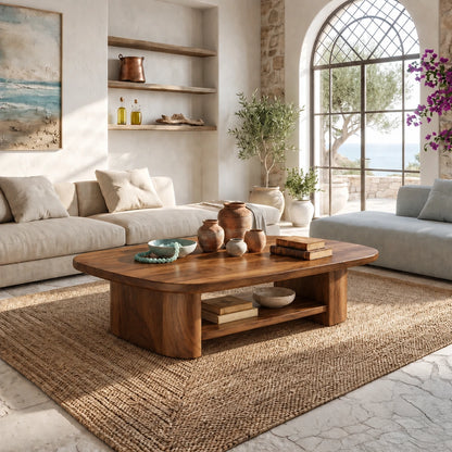 Rounded Coffee Table with Open Shelf Storage in Natural Solid Wood - Woodenecho - 6