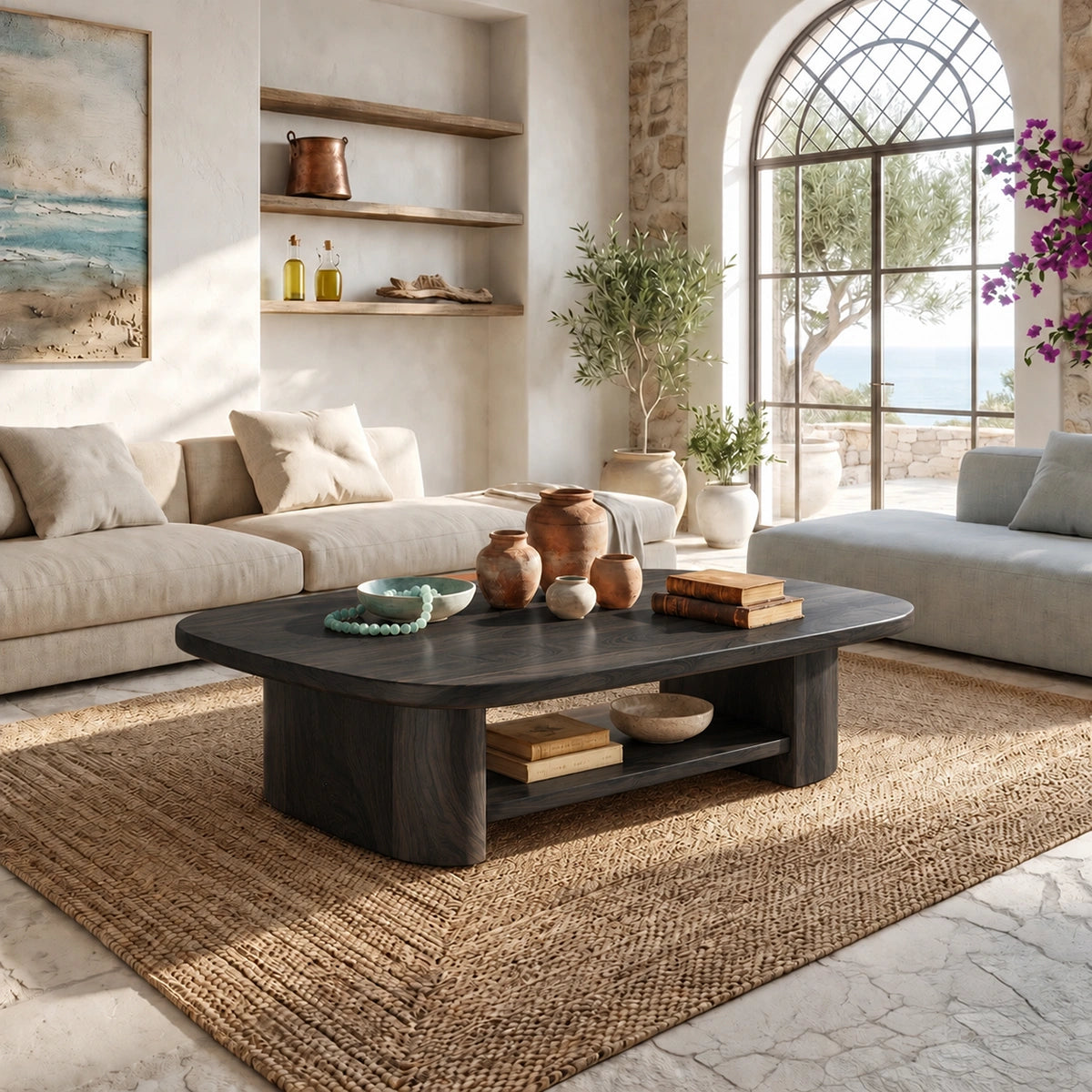 Rounded Coffee Table with Open Shelf Storage in Natural Solid Wood - Woodenecho - 7