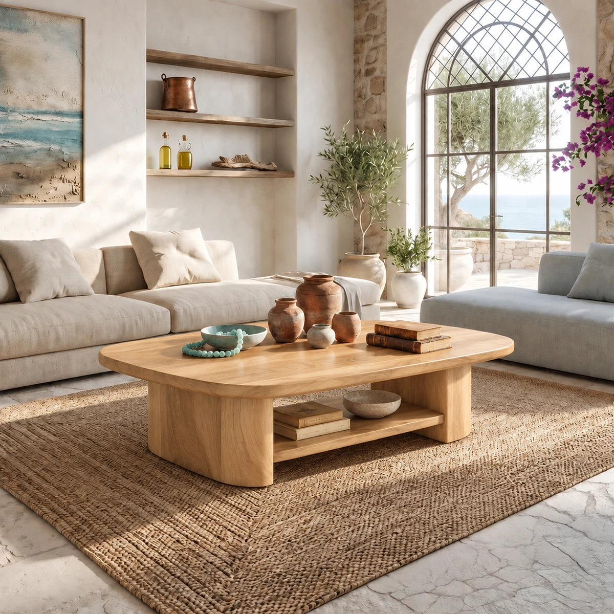 Rounded Coffee Table with Open Shelf Storage in Natural Solid Wood - Woodenecho - 8