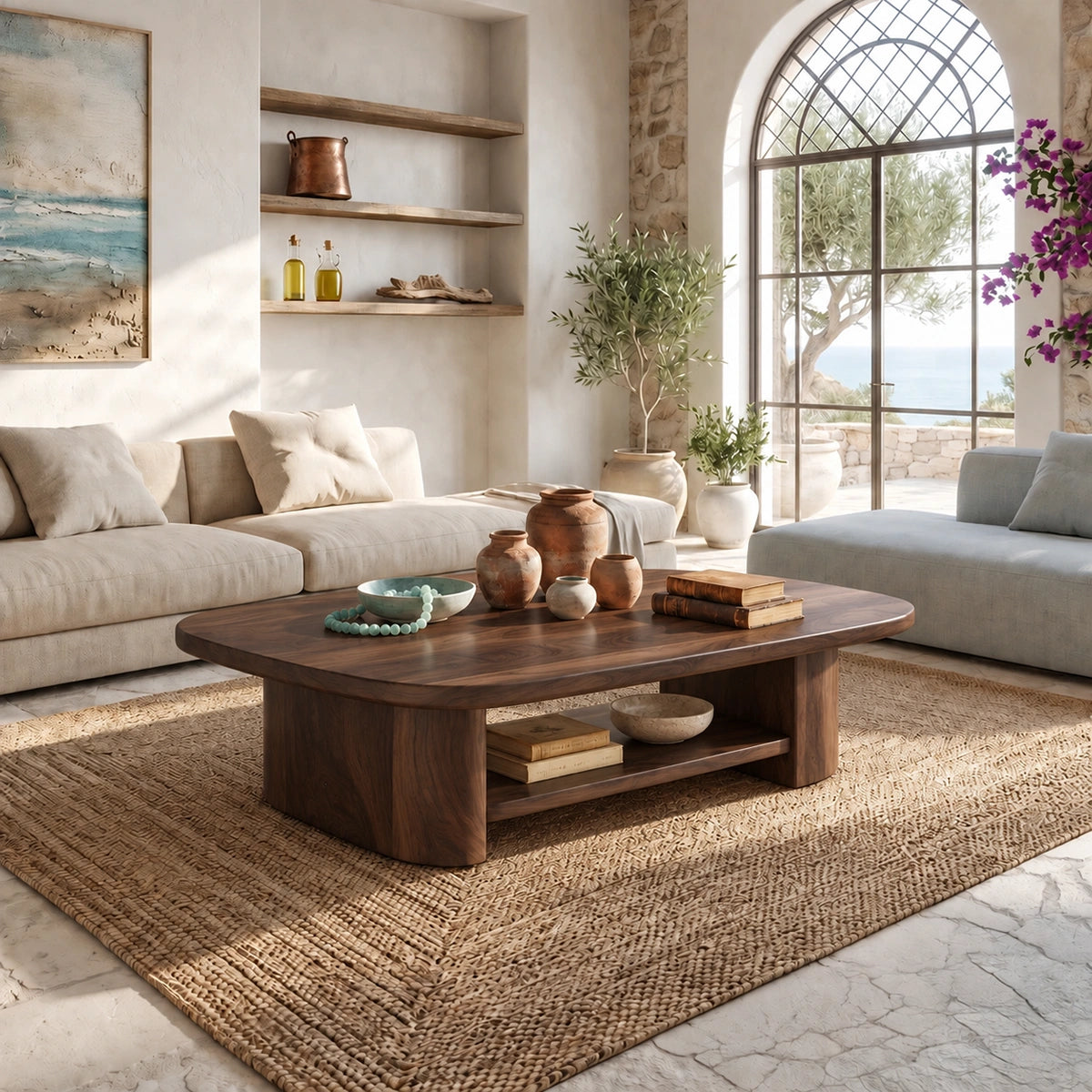 Rounded Coffee Table with Open Shelf Storage in Natural Solid Wood - Woodenecho - 9