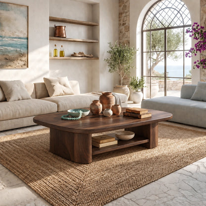 Rounded Coffee Table with Open Shelf Storage in Natural Solid Wood - Woodenecho - 9