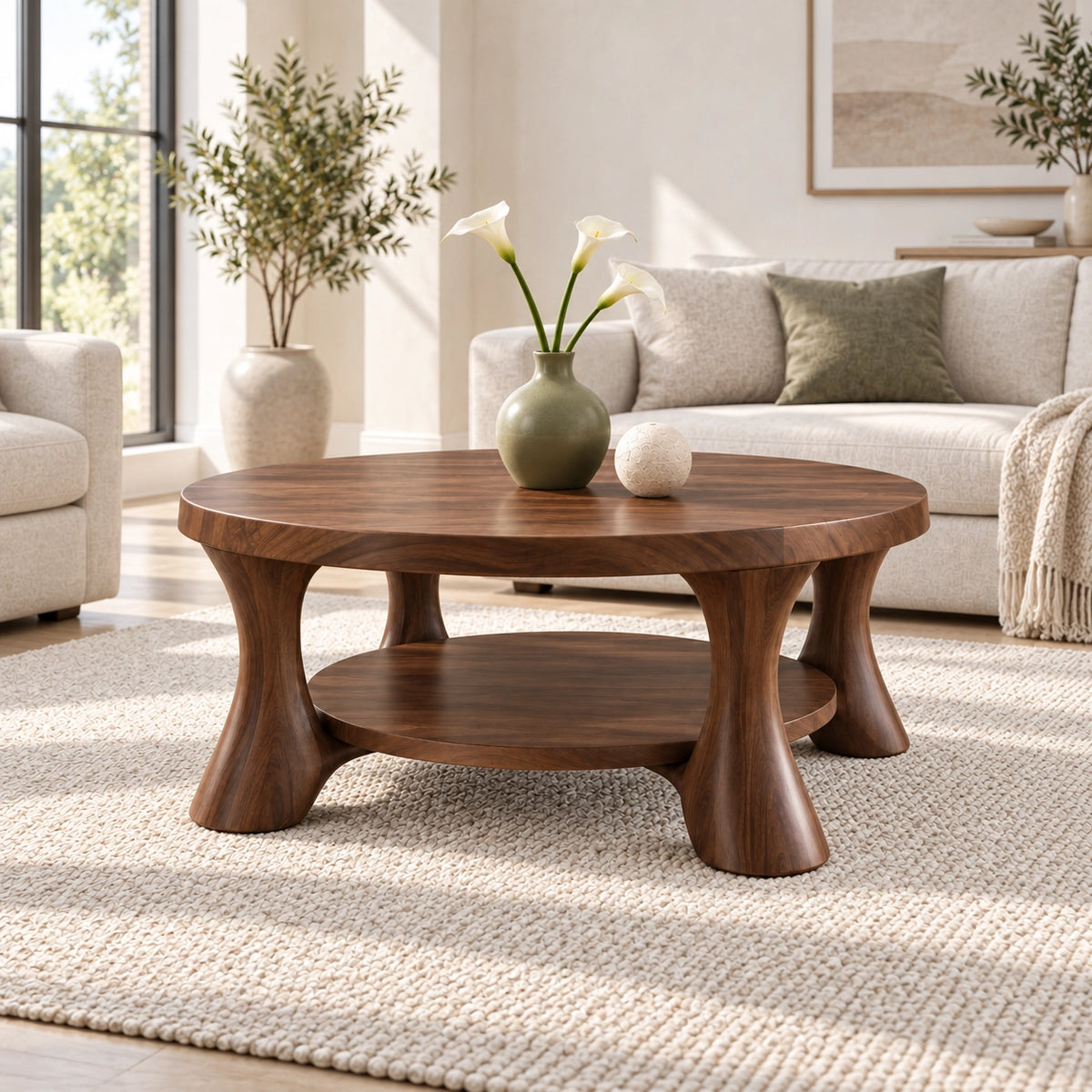 Rounded Coffee Table with Sculptural Curved Legs in Natural Solid Wood - Woodenecho - 1