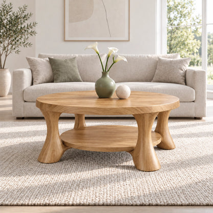 Rounded Coffee Table with Sculptural Curved Legs in Natural Solid Wood - Woodenecho - 10
