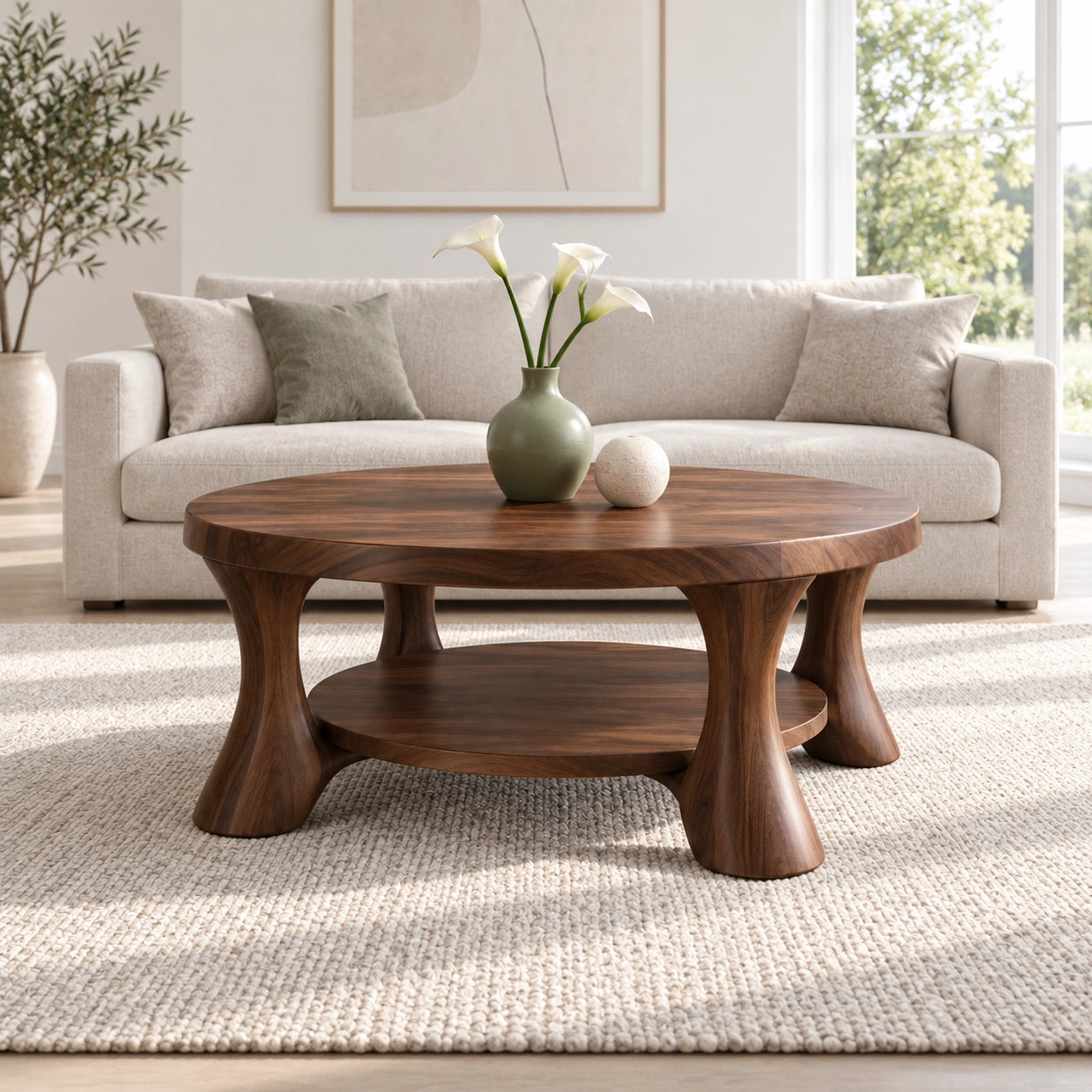 Rounded Coffee Table with Sculptural Curved Legs in Natural Solid Wood - Woodenecho - 2