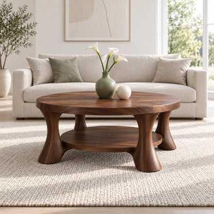 Rounded Coffee Table with Sculptural Curved Legs in Natural Solid Wood - Woodenecho - 2