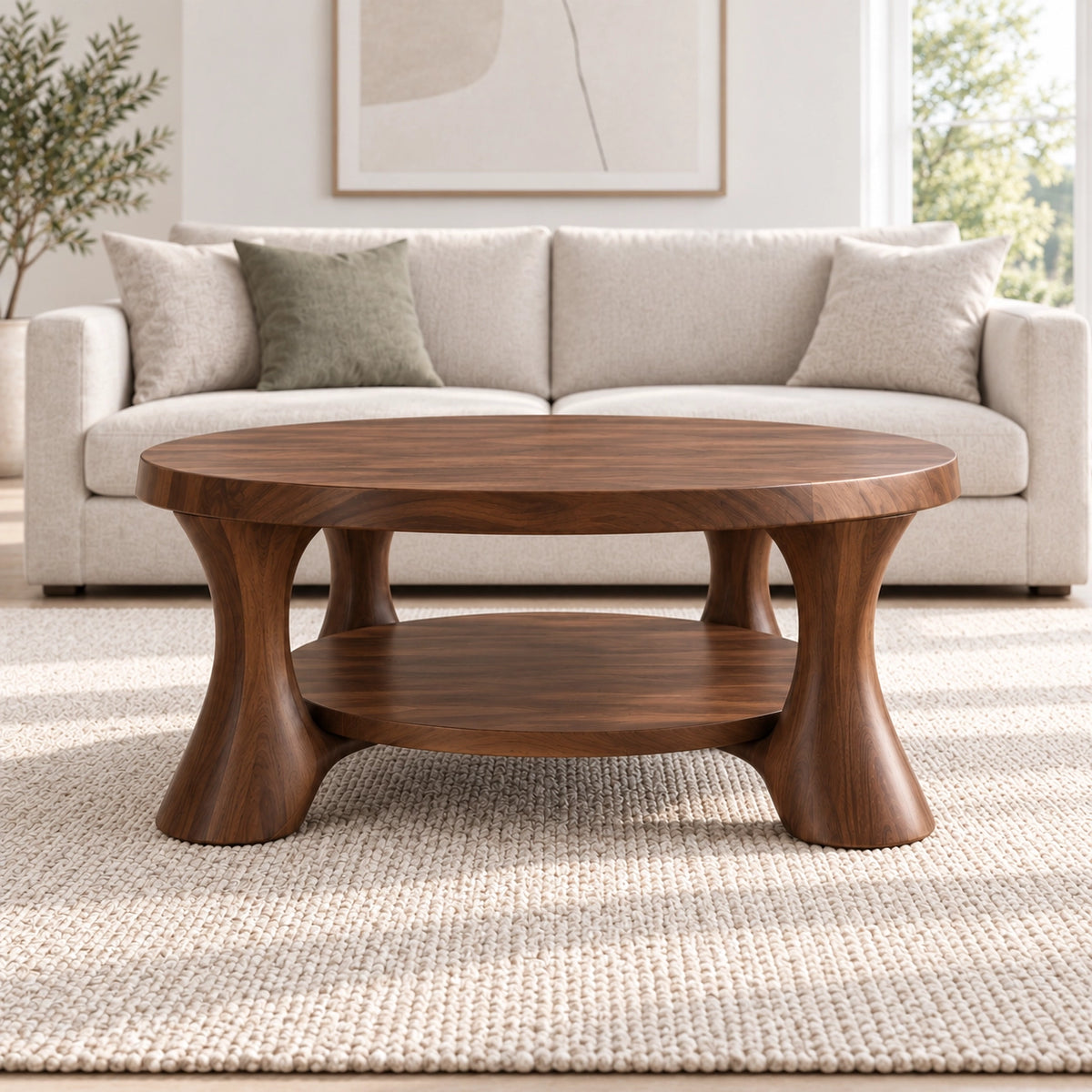Rounded Coffee Table with Sculptural Curved Legs in Natural Solid Wood - Woodenecho - 3