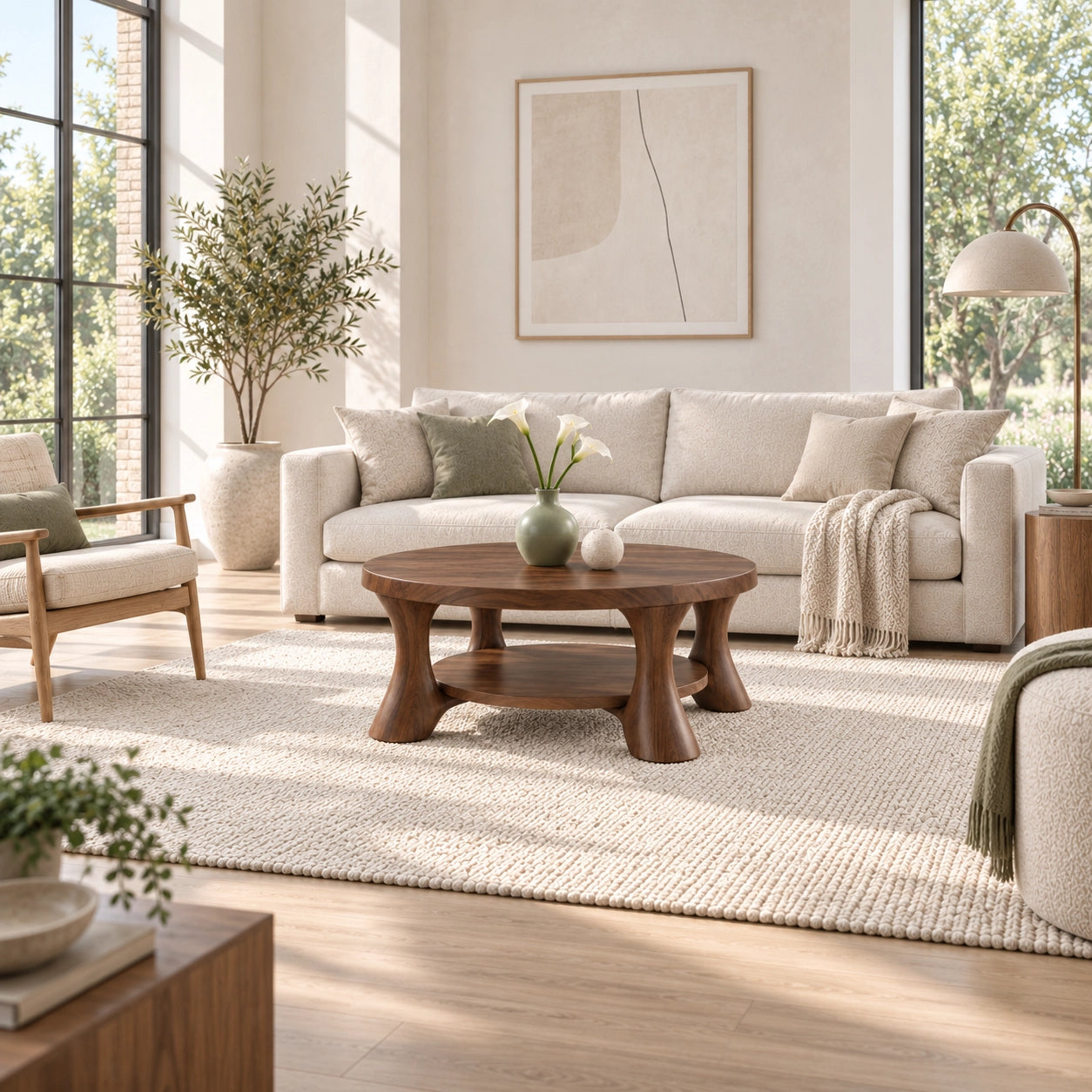 Rounded Coffee Table with Sculptural Curved Legs in Natural Solid Wood - Woodenecho - 4