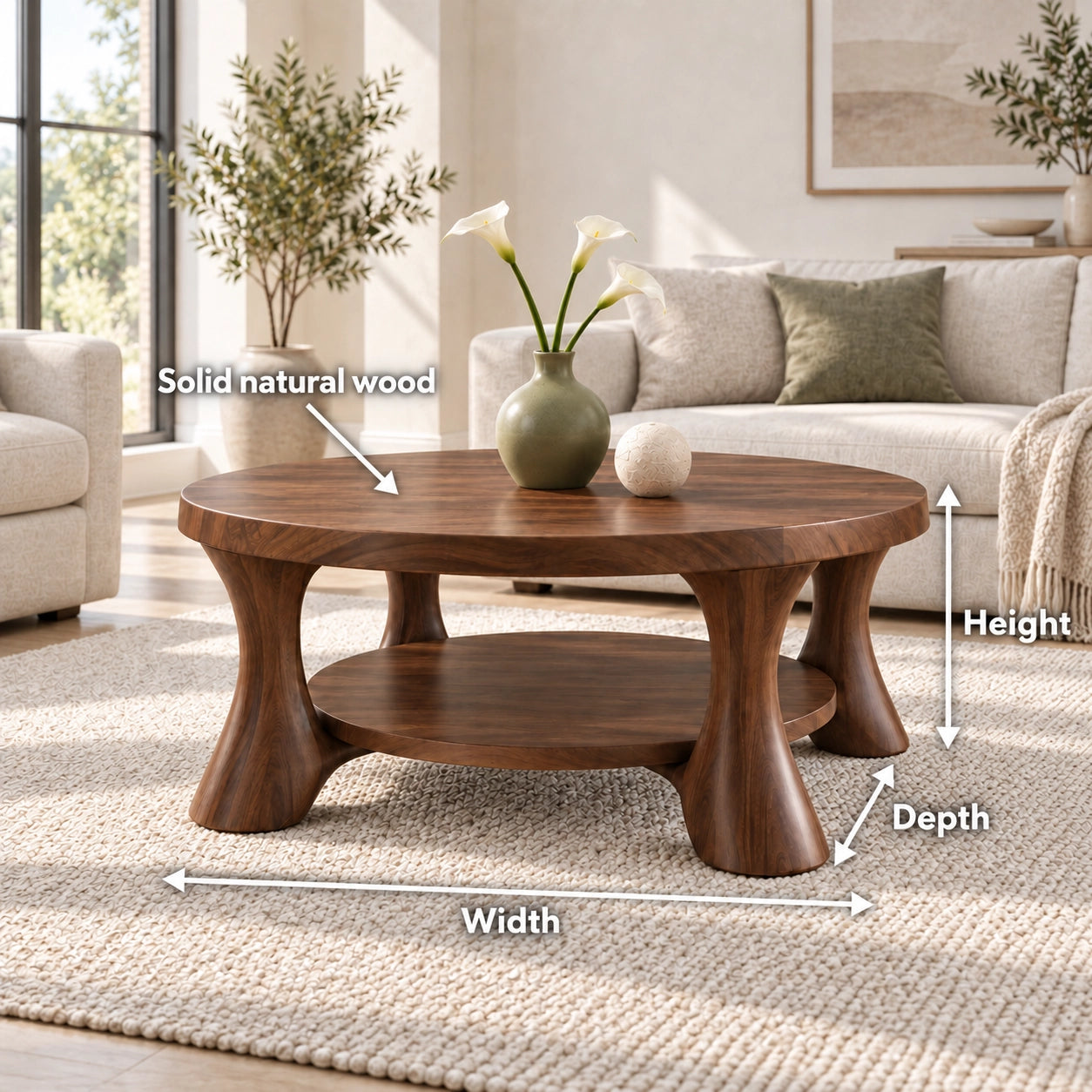 Rounded Coffee Table with Sculptural Curved Legs in Natural Solid Wood - Woodenecho - 6