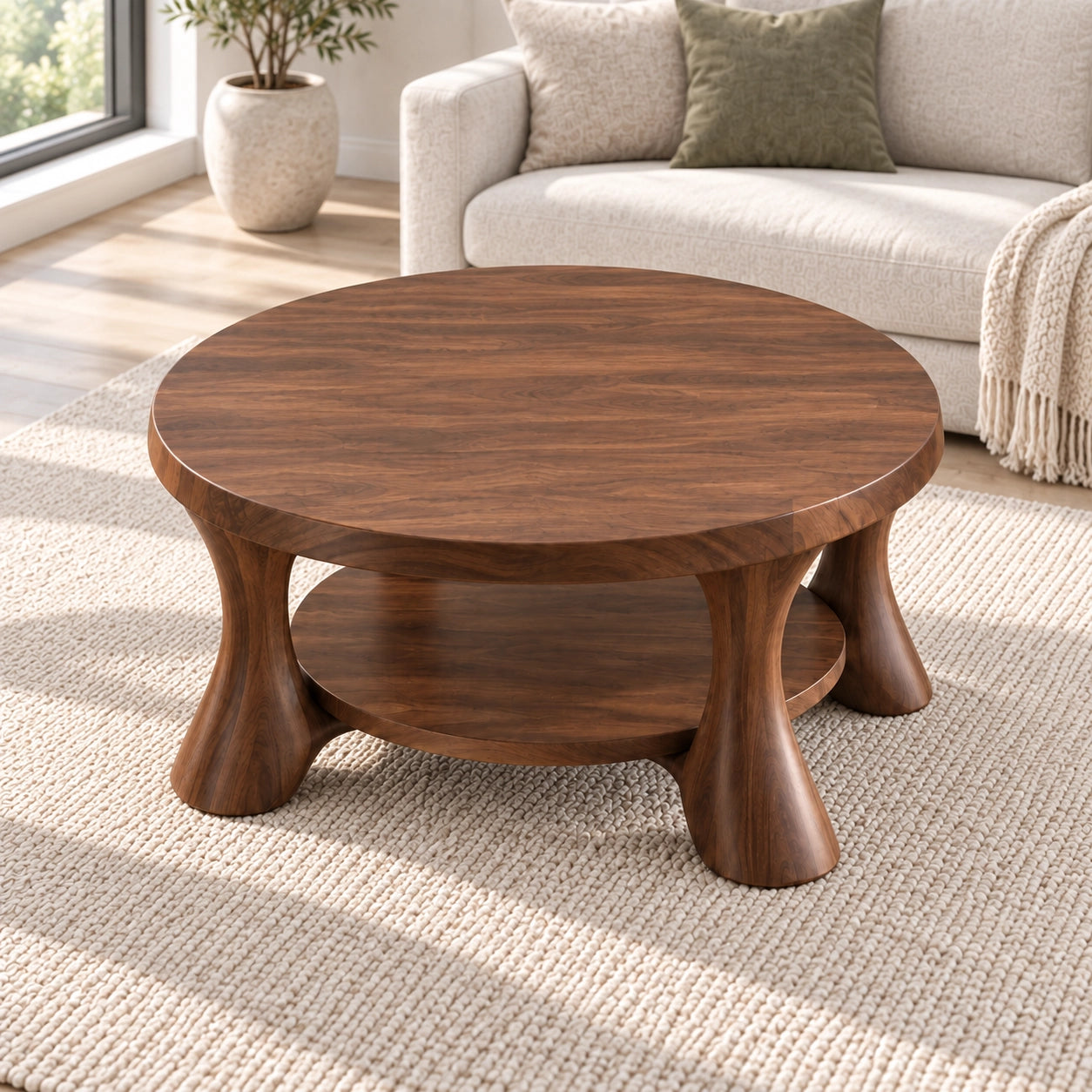 Rounded Coffee Table with Sculptural Curved Legs in Natural Solid Wood - Woodenecho - 7