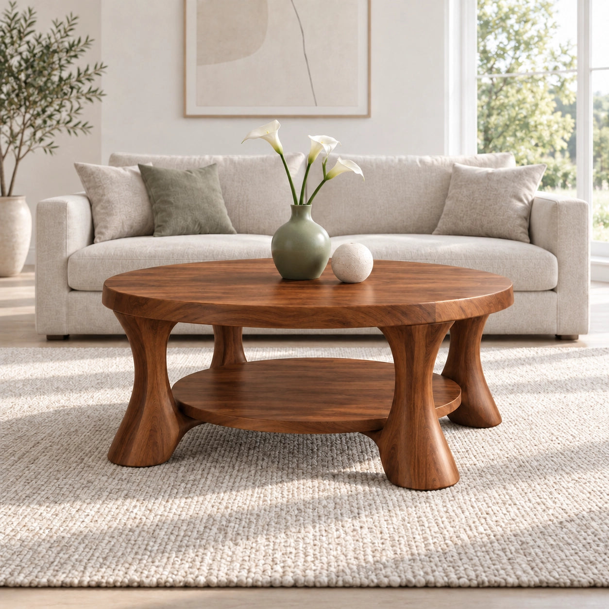 Rounded Coffee Table with Sculptural Curved Legs in Natural Solid Wood - Woodenecho - 9