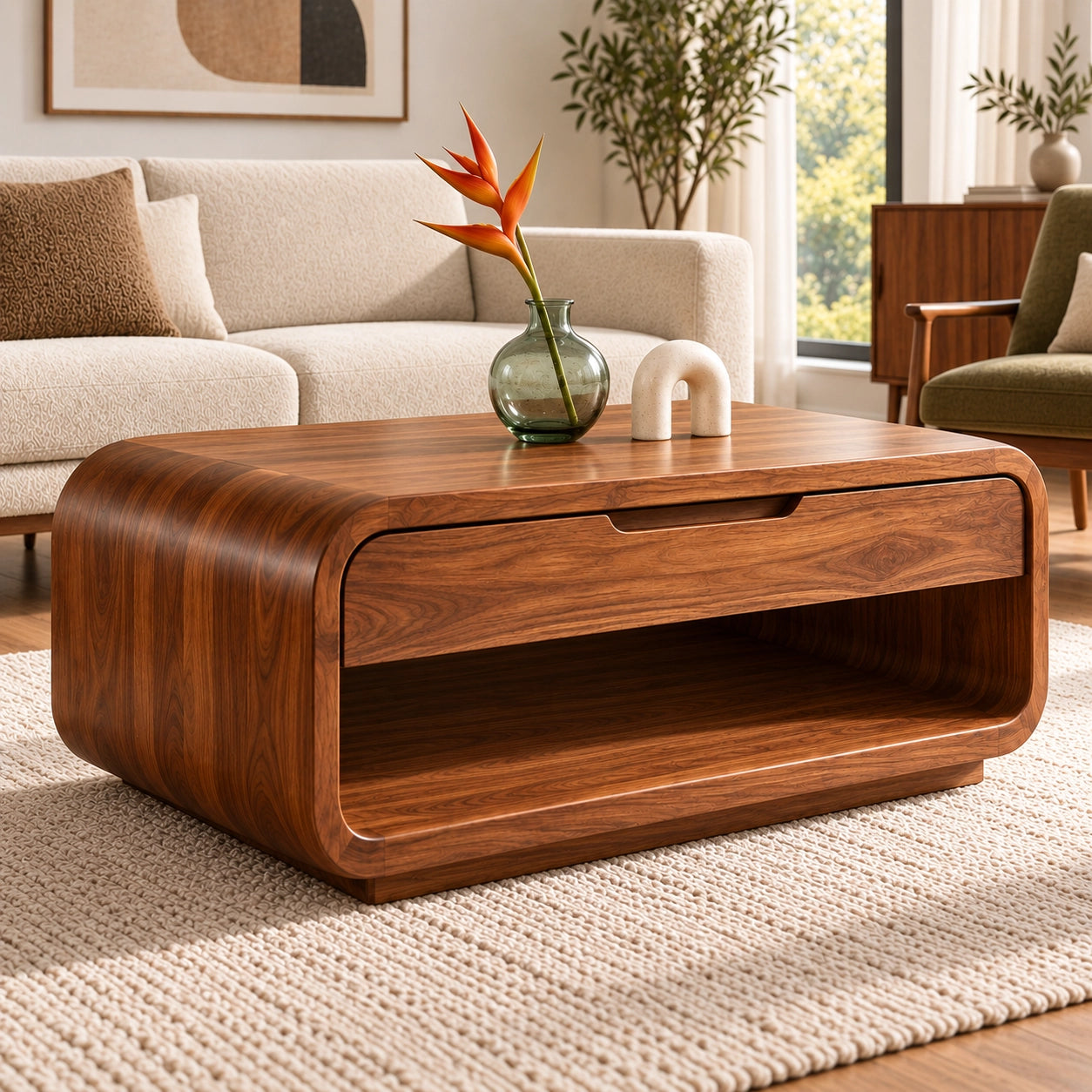 Rounded Coffee Table with Storage Drawer in Natural Solid Wood for Living - Woodenecho - 1