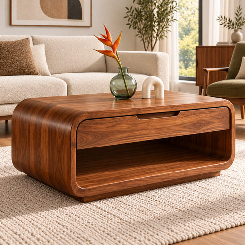 Rounded Coffee Table with Storage Drawer in Natural Solid Wood for Living - Woodenecho - 1