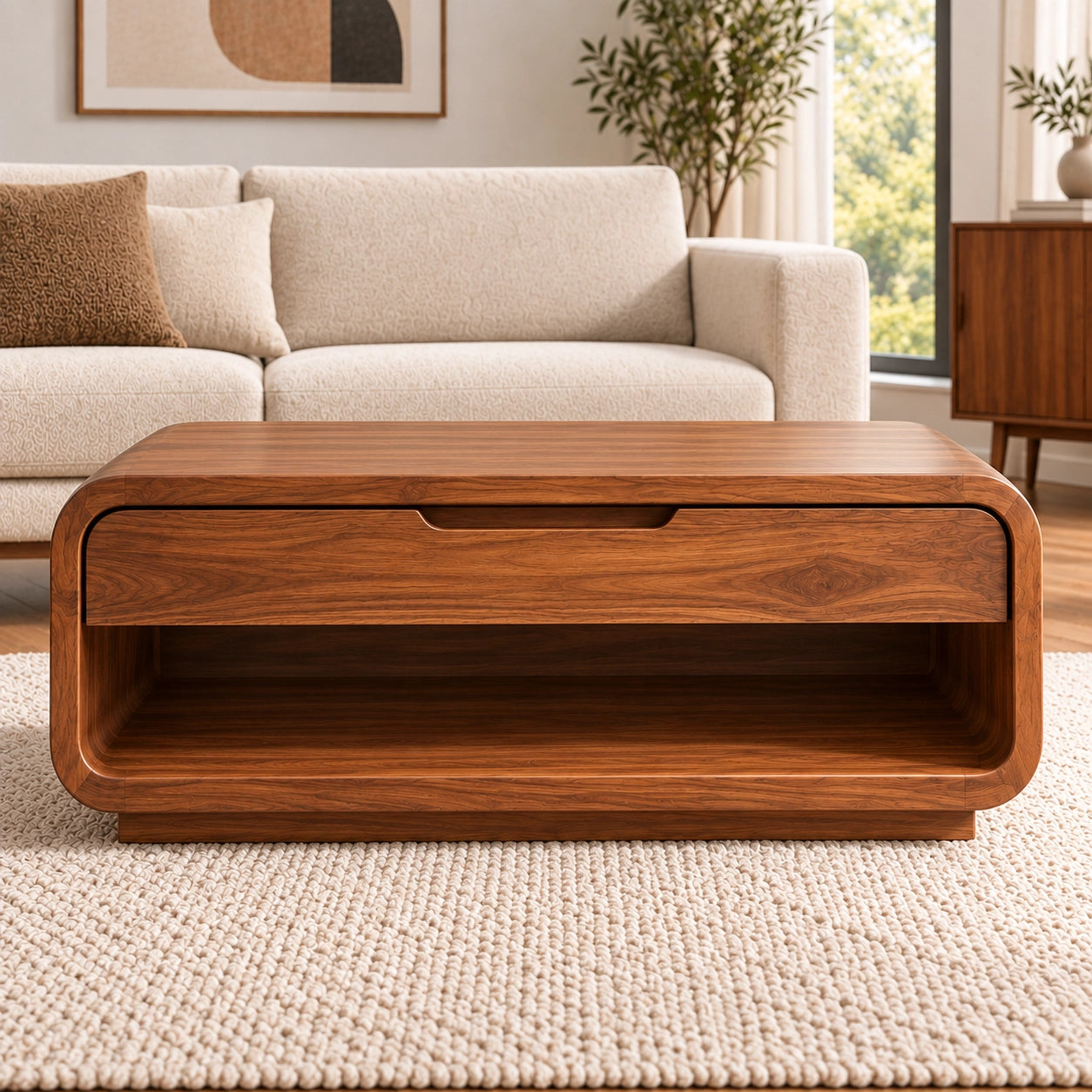 Rounded Coffee Table with Storage Drawer in Natural Solid Wood for Living - Woodenecho - 2
