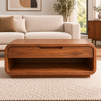 Rounded Coffee Table with Storage Drawer in Natural Solid Wood for Living - Woodenecho - 2