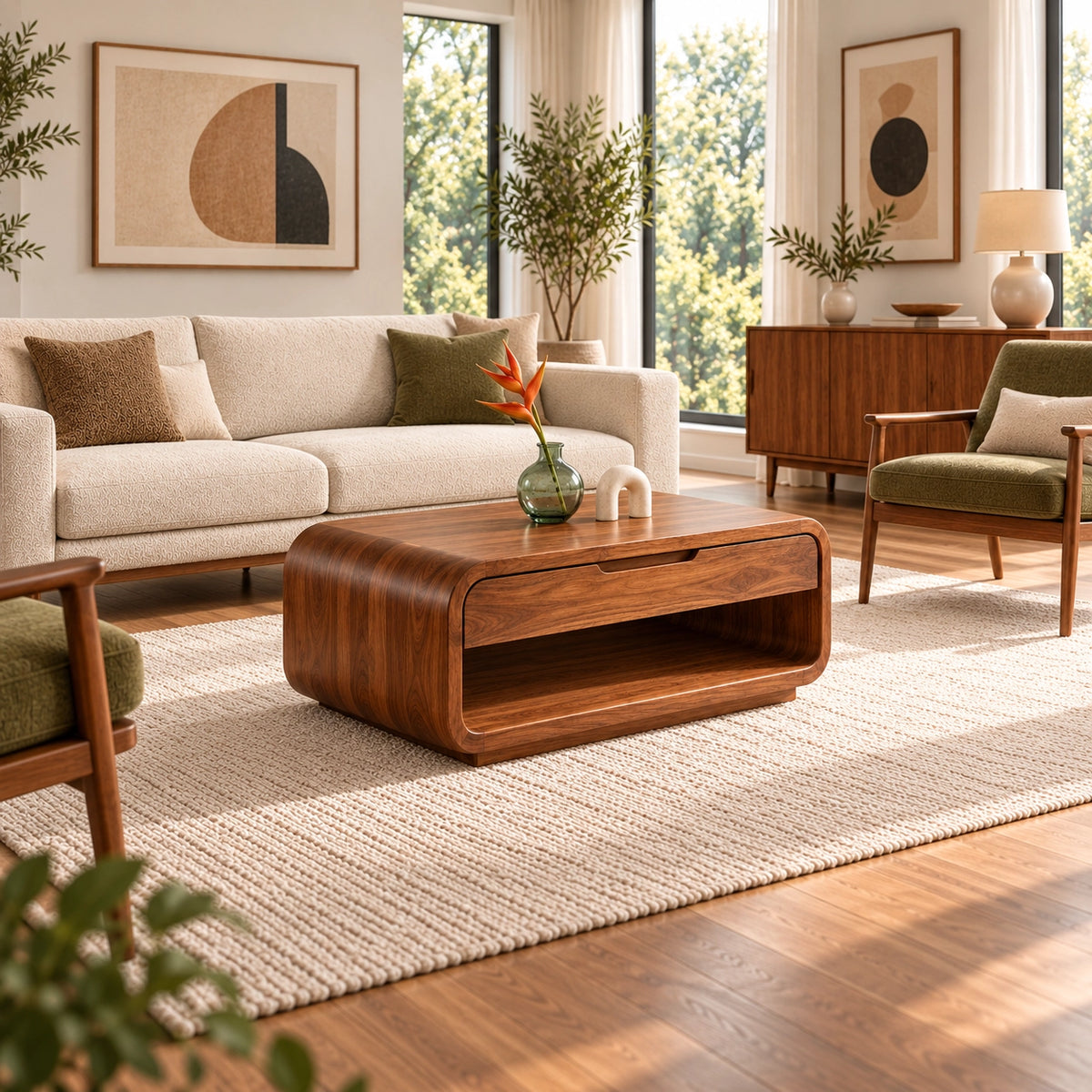 Rounded Coffee Table with Storage Drawer in Natural Solid Wood for Living - Woodenecho - 3
