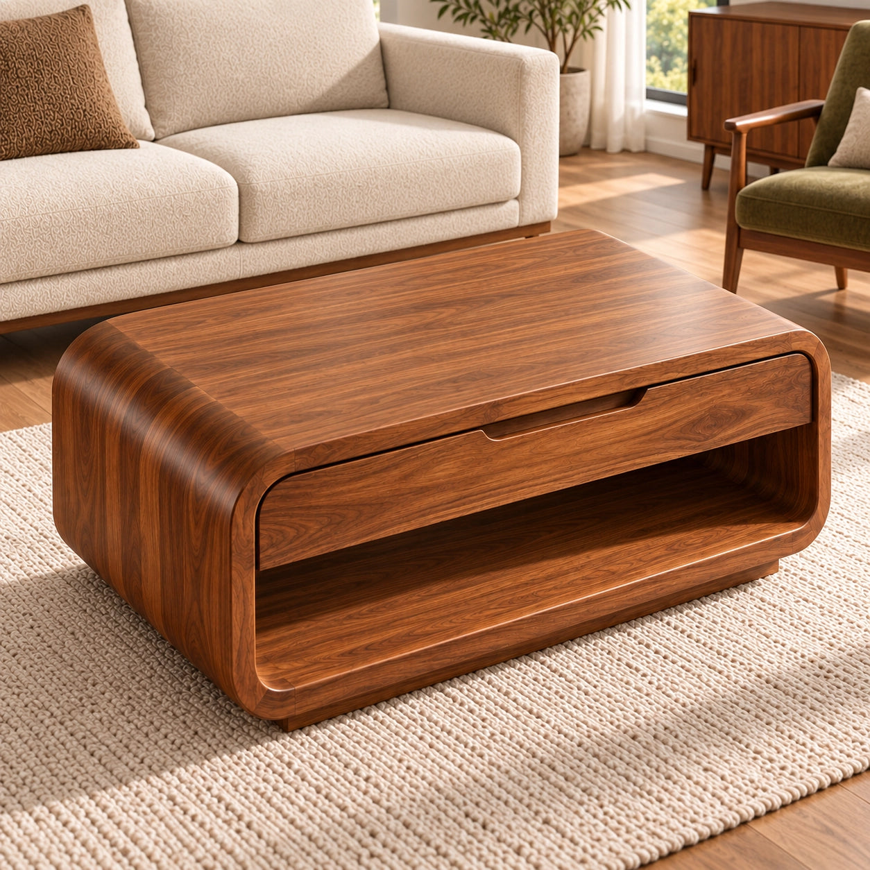 Rounded Coffee Table with Storage Drawer in Natural Solid Wood for Living - Woodenecho - 4