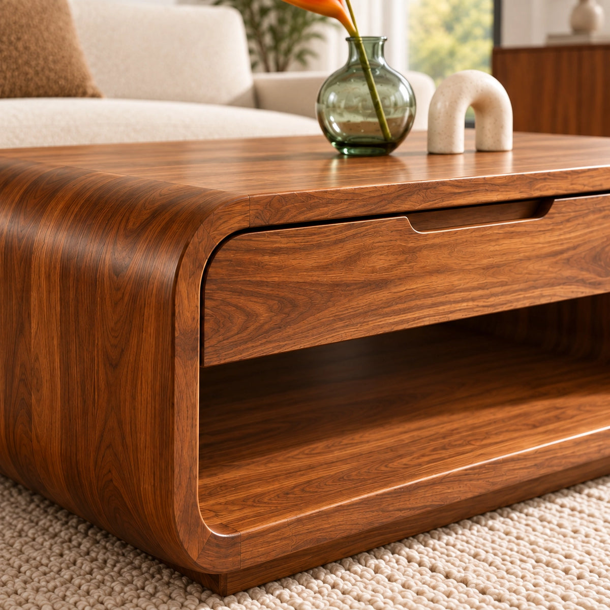 Rounded Coffee Table with Storage Drawer in Natural Solid Wood for Living - Woodenecho - 5