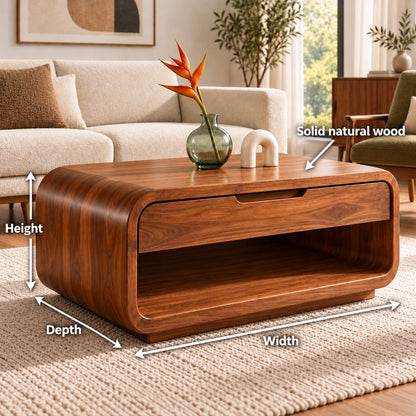 Rounded Coffee Table with Storage Drawer in Natural Solid Wood for Living - Woodenecho - 6