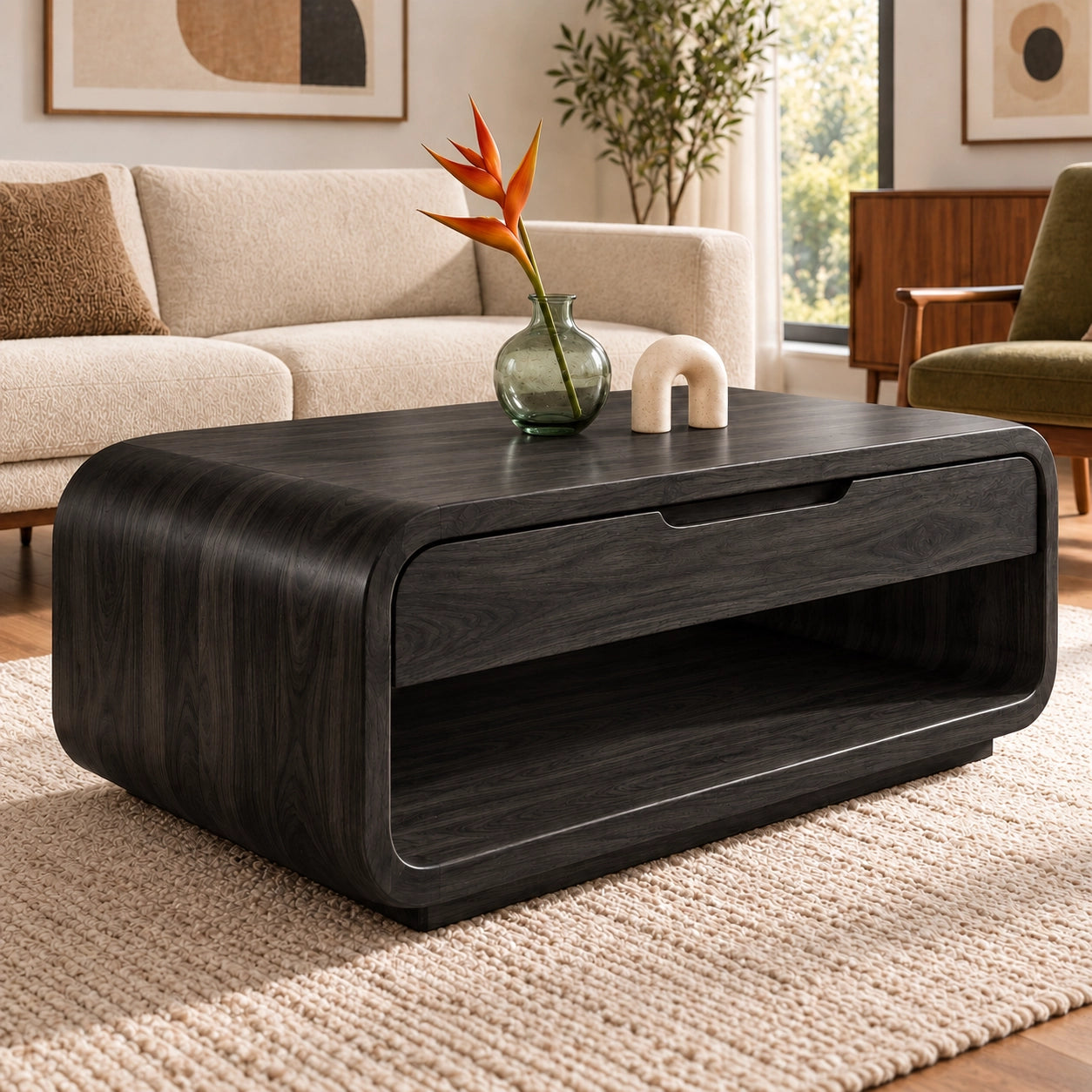 Rounded Coffee Table with Storage Drawer in Natural Solid Wood for Living - Woodenecho - 7