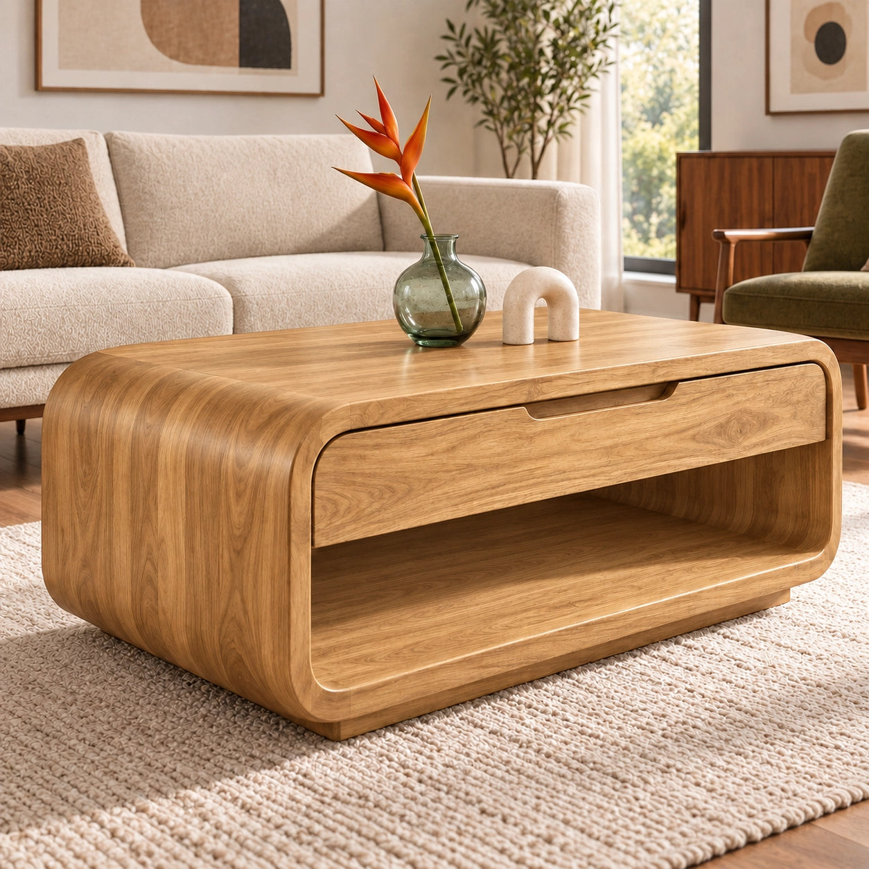 Rounded Coffee Table with Storage Drawer in Natural Solid Wood for Living - Woodenecho - 8