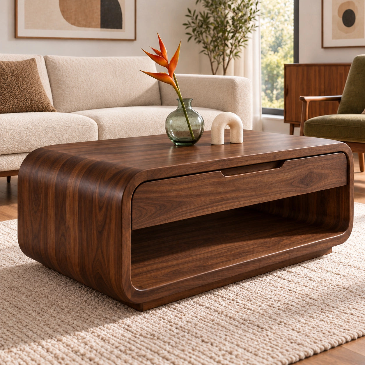 Rounded Coffee Table with Storage Drawer in Natural Solid Wood for Living - Woodenecho - 9