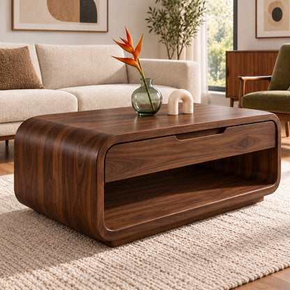 Rounded Coffee Table with Storage Drawer in Natural Solid Wood for Living - Woodenecho - 9