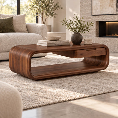 Rounded Coffee Table with Storage Drawer in Natural Solid Wood - Woodenecho - 1