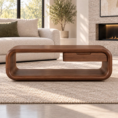 Rounded Coffee Table with Storage Drawer in Natural Solid Wood - Woodenecho - 2