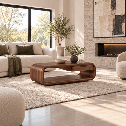 Rounded Coffee Table with Storage Drawer in Natural Solid Wood - Woodenecho - 3