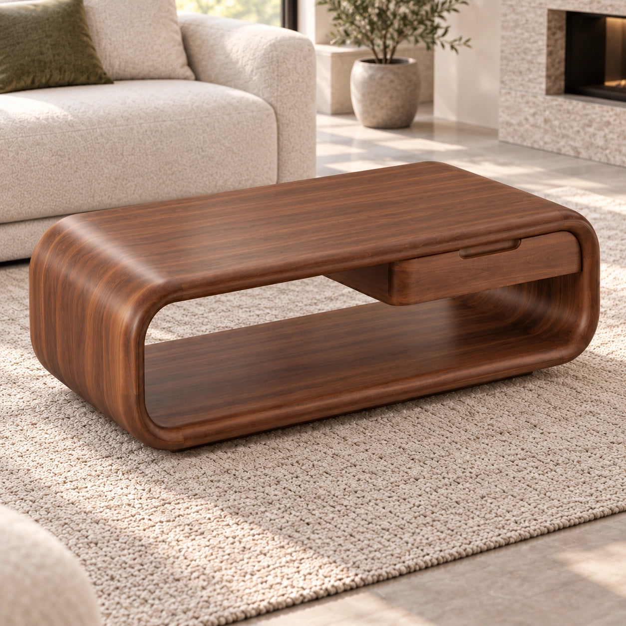 Rounded Coffee Table with Storage Drawer in Natural Solid Wood - Woodenecho - 4