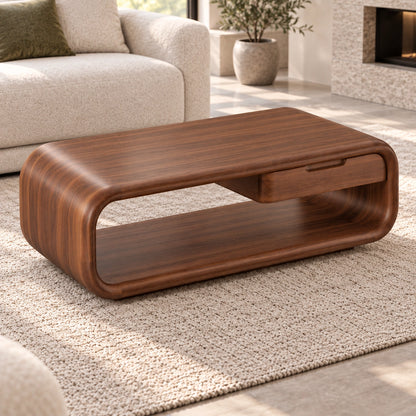 Rounded Coffee Table with Storage Drawer in Natural Solid Wood - Woodenecho - 4