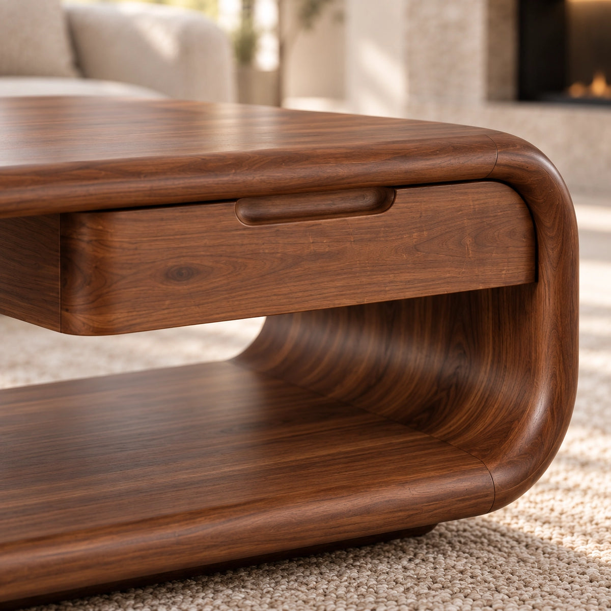 Rounded Coffee Table with Storage Drawer in Natural Solid Wood - Woodenecho - 5