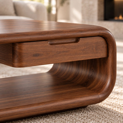 Rounded Coffee Table with Storage Drawer in Natural Solid Wood - Woodenecho - 5