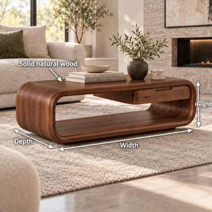 Rounded Coffee Table with Storage Drawer in Natural Solid Wood - Woodenecho - 6