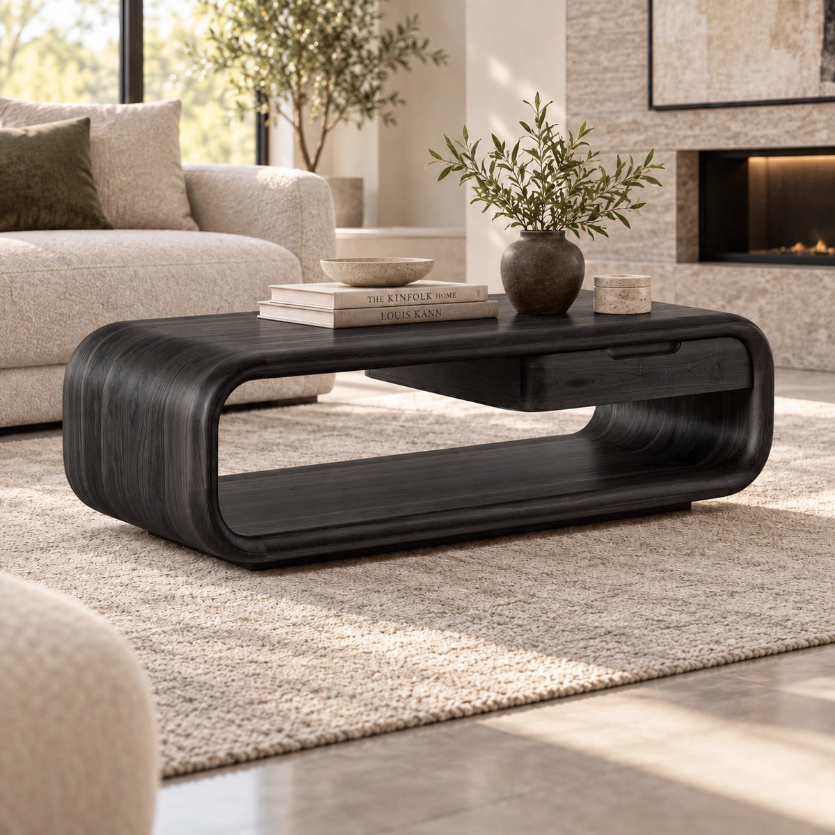 Rounded Coffee Table with Storage Drawer in Natural Solid Wood - Woodenecho - 7
