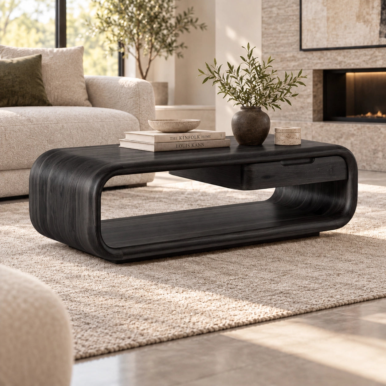 Rounded Coffee Table with Storage Drawer in Natural Solid Wood - Woodenecho - 7