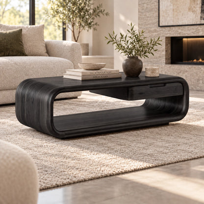 Rounded Coffee Table with Storage Drawer in Natural Solid Wood - Woodenecho - 7