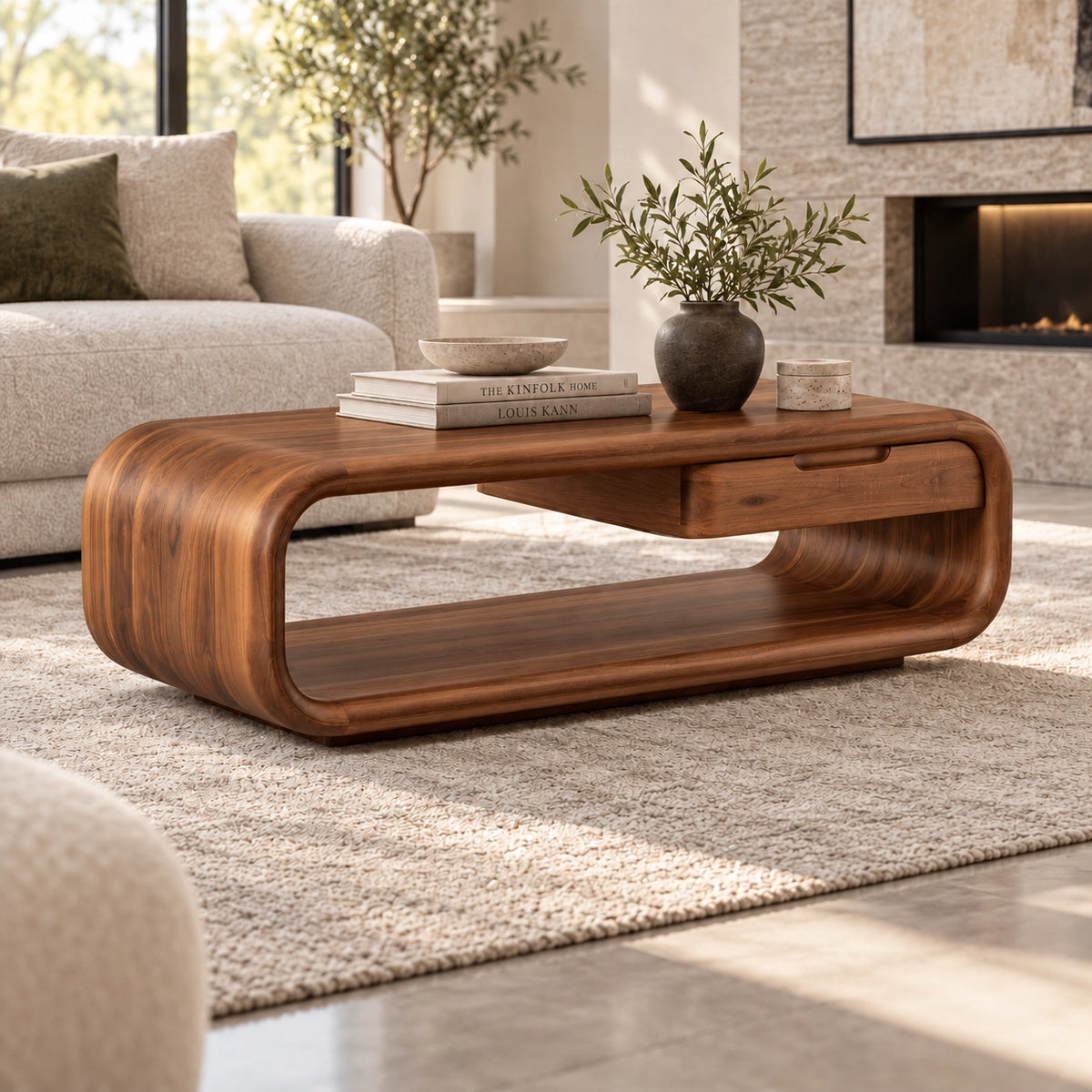 Rounded Coffee Table with Storage Drawer in Natural Solid Wood - Woodenecho - 8